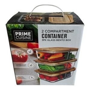 Prime Cuisine Glass Bento Box 3 Pack 2-Compartment Bamboo Lids NIB